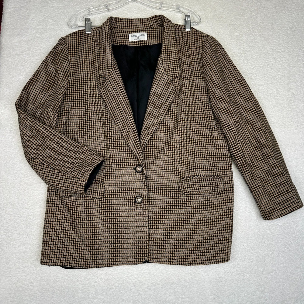 Alfred Dunner Houndstooth Blazer Golden Brown‎ Black Wool USA Women's 14